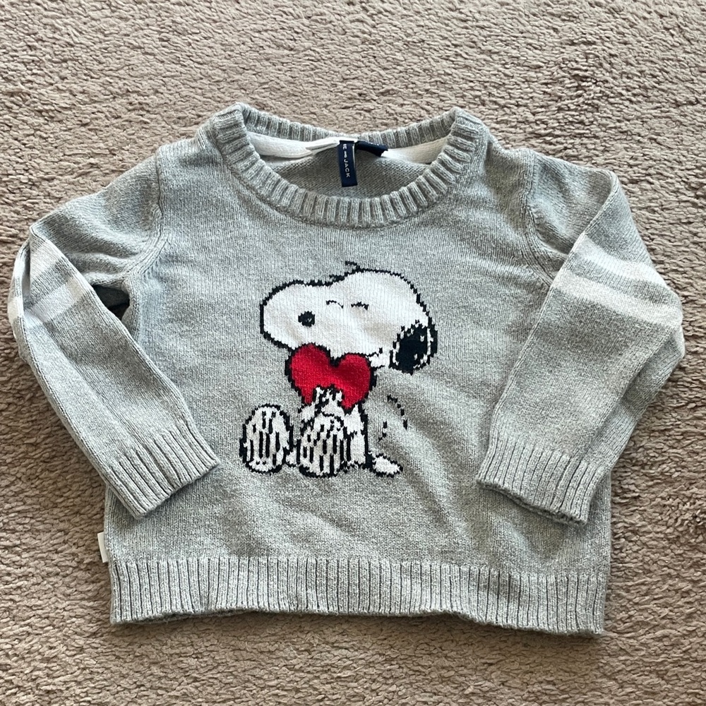 Janie and Jack Gray Knit Sweater with Snoopy Holding Red Heart